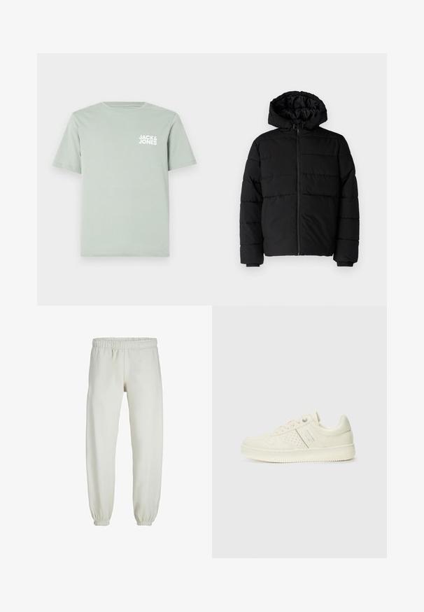 Jachetă puffer neagră cu fermoar în față, glugă și un design matlasat orizontal. Fabricată dintr-un material neted și rezistent, cu manșete ribbate.; Tricou din bumbac verde deschis, cu guler rotund și mâneci scurte. Prezintă un logo alb „JACK & JONES” imprimat pe partea stângă a pieptului.; Pantaloni de trening albi, realizati dintr-un textile moale, avand talie elastica si mansete, cu o textura fina si un design lejer.; Adidași crem cu detalii perforate, șireturi și logo pe lateral, expuși pe un fundal alb simplu.