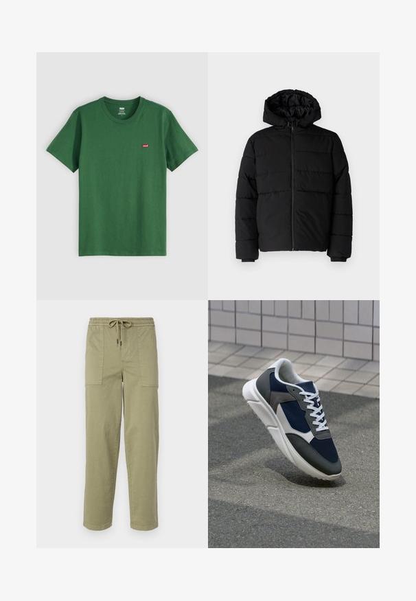 Casaco puffer preto com fecho de correr, capuz e design acolchoado horizontal. Feito de um tecido liso e durável com punhos canelados.; T-shirt de algodão verde com gola redonda, mangas curtas e um pequeno logótipo vermelho da Levi's no lado esquerdo do peito. Textura suave, ajuste padrão.; Calças verde-oliva claras feitas de um tecido de algodão misto, com um cós elástico com cordão e dois bolsos laterais grandes.; Sapatilha com parte superior em malha azul-marinho, detalhes em camurça cinza, sola de borracha branca e atacadores brancos planos, projetada para conforto e respirabilidade.