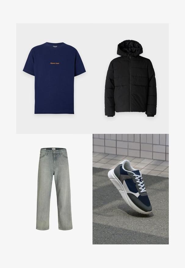 Casaco puffer preto com fecho de correr, capuz e design acolchoado horizontal. Feito de um tecido liso e durável com punhos canelados.; T-shirt de algodão azul-marinho com mangas curtas, decote redondo e texto bordado em laranja "Originals Studio" no centro da frente.; Jeans soltos de cor cinza claro feitos de denim. Apresentam um design clássico de cinco bolsos, passadores para cinto e uma silhueta de perna reta.; Sapatilha com parte superior em malha azul-marinho, detalhes em camurça cinza, sola de borracha branca e atacadores brancos planos, projetada para conforto e respirabilidade.