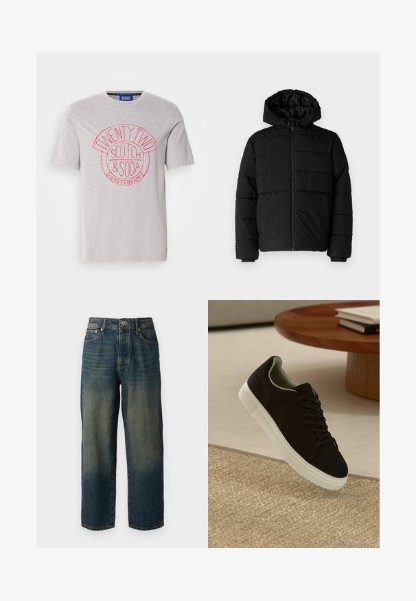 Casaco puffer preto com fecho de correr, capuz e design acolchoado horizontal. Feito de um tecido liso e durável com punhos canelados.; T-shirt de algodão cinza com estampa gráfica redonda vermelha com o texto "TWENTY TWO", "SCOTCH & SODA" e "AMSTERDAM". Mangas curtas, ajuste padrão.; Calças de ganga azul com corte reto, apresentando um design desbotado com tons mais claros em direção à bainha, cinco bolsos e fecho com botão.; Sneaker preto com sola branca flutuando acima de um tapete texturizado bege, perto de uma mesa redonda de madeira com livros empilhados.