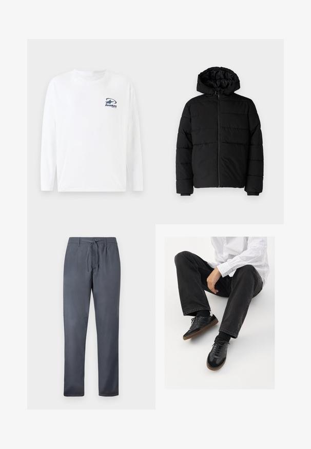 Čierna puff jacket s predným zipsom, kapucňou a horizontálnym prešívaním. Vyrobená z hladkej, odolnej tkaniny s rebrovanými manžetami.; Biela dlhá rukávová tričko vyrobené z bavlny, s tmavomodrým logom na hrudi. Okrúhly výstrih a rovný lem s dlhými, pohodlnými rukávmi.; Šedé nohavice vyrobené z hladkej látky, s uzáverom na šnúrku a bočnými vreckami. Rovný strih s čistým dokončením.; Čierne tenisky s hladkým a textúrovaným zvrškom, s gumovou podrážkou a tmavými šnúrkami. Kombinované s čiernymi džínsami a bielo-prúžkovanou košeľou.