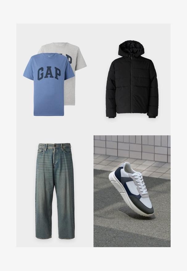 Čierna puff jacket s predným zipsom, kapucňou a horizontálnym prešívaním. Vyrobená z hladkej, odolnej tkaniny s rebrovanými manžetami.; Dvoje tričiek s krátkym rukávom a okrúhlym výstrihom, jedno modré a jedno šedé, obidve s veľkým námorníckym textom "GAP" na hrudi.; Svetlomodré denimové nohavice so voľným strihom, stredne vysokým pásom a rovnými nohavicami. Obsahujú päť vreciek, pútka na opasok a zapínanie na gombík.; Biele, námornícke a šedé tenisky s kombinovaným materiálom, so štruktúrovaným zvrškom, plochými šnúrkami a polstrovanou podošvou.