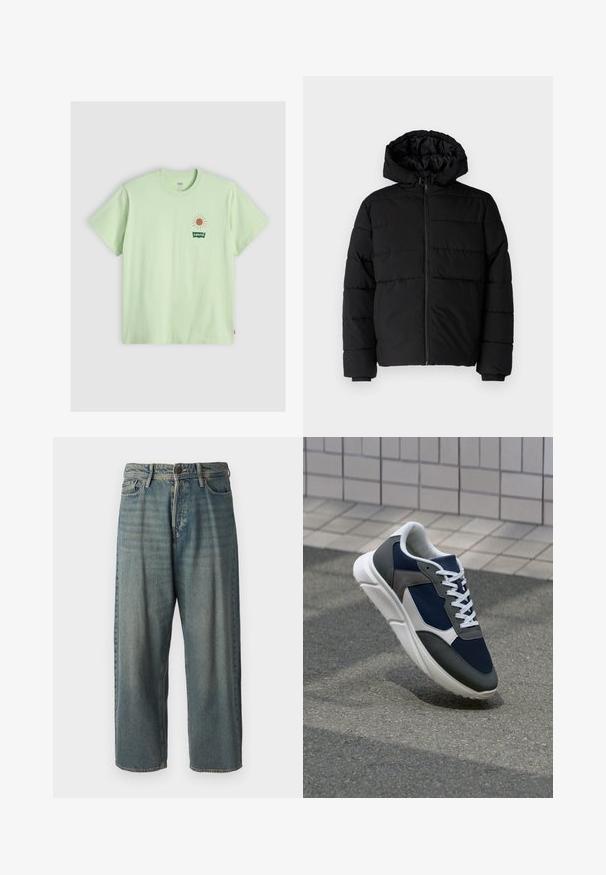 Black puffer jacket featuring a zip front, a hood, and horizontal quilted design. Made of a smooth, durable fabric with ribbed cuffs.; Light green cotton t-shirt, short sleeves, crew neck. Features a sun graphic in light orange and a green Levi's logo on the left chest.; Light blue denim jeans with a loose fit, mid-rise waist, and straight legs. Features five pockets, belt loops, and a button closure.; Sneaker featuring a navy blue mesh upper, gray suede accents, white rubber sole, and flat white laces, designed for comfort and breathability.