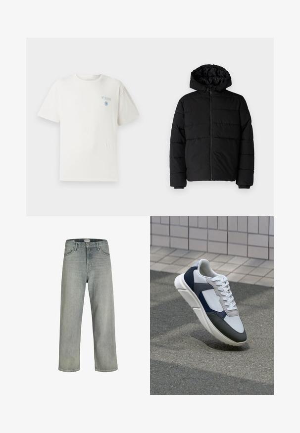 Μαύρο μπουφάν με φερμουάρ μπροστά, κουκούλα και οριζόντιο ραμμένο σχέδιο. Κατασκευασμένο από ομαλό, ανθεκτικό ύφασμα με ριγέ μανσέτες.; Λευκό βαμβακερό μπλουζάκι με στρογγυλή λαιμόκοψη, κοντά μανίκια και μπλε γραφικό "MYKONOS" στο αριστερό στήθος, που διαθέτει ένα κυκλικό σχεδιαστικό στοιχείο.; Ανοιχτό γκρι, χαλαρά εφαρμοστά τζιν φτιαγμένα από denim. Διαθέτουν κλασικό σχέδιο πέντε τσεπών, θηλιές ζώνης και ίσια γραμμή.; Λευκά, ναυτικά και γκρι sneakers με σχέδιο από μικτά υλικά, που διαθέτουν υφή στο πάνω μέρος, επίπεδα κορδόνια και μαλακή σόλα.