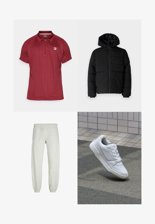 Crni puffer kaput s patentnim zatvaračem sprijeda, kapuljačom i horizontalnim šavovima. Izrađen od glatkog, izdržljivog materijala s rebrastim manžetama.; Bordo polo majica s ovratnikom na patentni zatvarač, rebrastom teksturom, kratkim rukavima i malim FILA logotipom na gornjem lijevom dijelu prsa.; Bijele trenirke napravljene od mekanog materijala, s elastikom u struku i na manžetama, glatke teksture i labavog kroja.; Bijele kožne tenisice s perforiranim bočnim dijelovima, teksturiranim akcentima, ravnim vezicama i kontrastnim sivim petom. Imaju blago povišenu potplat.