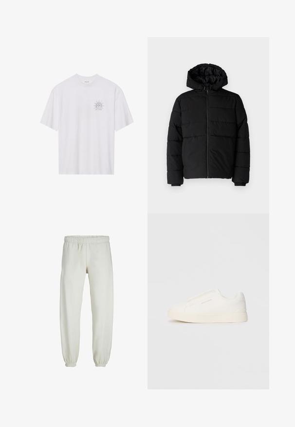 Zwarte pufferjack met een ritssluiting aan de voorkant, een capuchon en een horizontaal gestikt ontwerp. Gemaakt van een gladde, duurzame stof met ribgebreide manchetten.; Witte katoenen t-shirt met korte mouwen, voorzien van een zwarte zonafbeelding op de linkerkant van de borst, met daaronder de tekst "NAVIGATE THE COSMOS".; Witte sweatpants gemaakt van zachte stof, met een elastische tailleband en boorden, een gladde textuur en een losvallend ontwerp.; Witte instap sneakers met een gestructureerd oppervlak, een dikke zool en een minimalistisch ontwerp. Bevat het merklogo aan de zijkant.