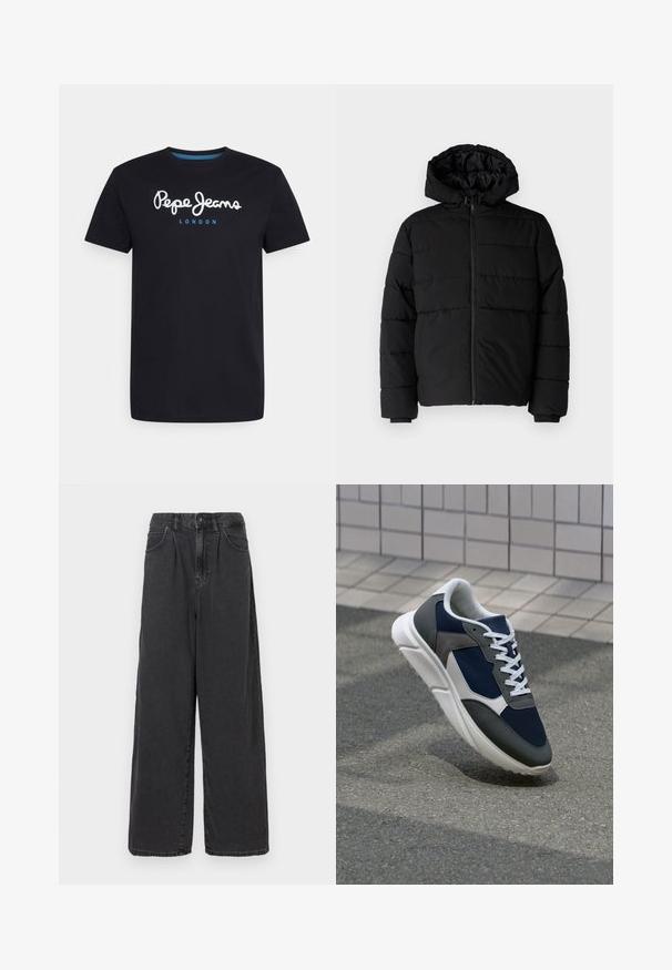 Casaco puffer preto com fecho de correr, capuz e design acolchoado horizontal. Feito de um tecido liso e durável com punhos canelados.; T-shirt preta em algodão com um logótipo em script branco "Pepe Jeans" com um detalhe azul, gola redonda e mangas curtas. Design simples e sólido.; Calças de ganga pretas de perna larga e cintura alta, com fecho frontal de botão e zipper, apresentando bolsos laterais e uma textura suave.; Sapatilha com parte superior em malha azul-marinho, detalhes em camurça cinza, sola de borracha branca e atacadores brancos planos, projetada para conforto e respirabilidade.