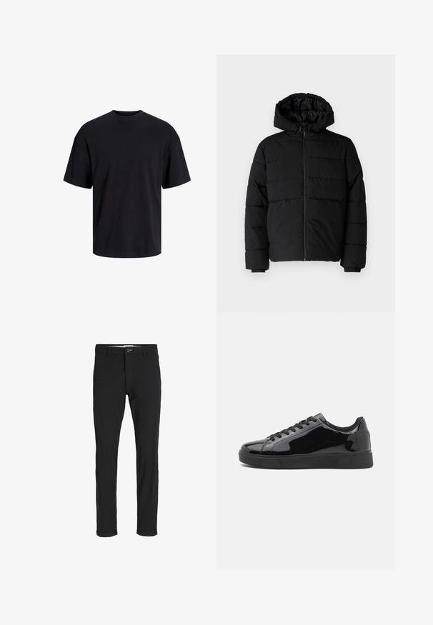 Fekete puff dzseki cipzárral elöl, kapucnival és vízszintes steppelt mintázattal. Simább, tartós anyagból készült, bordázott mandzsettákkal.; Fekete pamut póló, kerek nyakkivágással, rövid ujjú és laza fazonú. Simább anyagú, látható minták vagy díszítések nélkül.; Fekete pamut keverék nadrág, slim fit szabással, gombos záródással, zsebekkel és felgöngyölt szárakkal a laza végeredményért.; Fekete lakkbőr tornacipők lekerekített orral, lapos gumitalppal és fekete fűzőkkel. Az anyag sima, fényes felülettel rendelkezik.