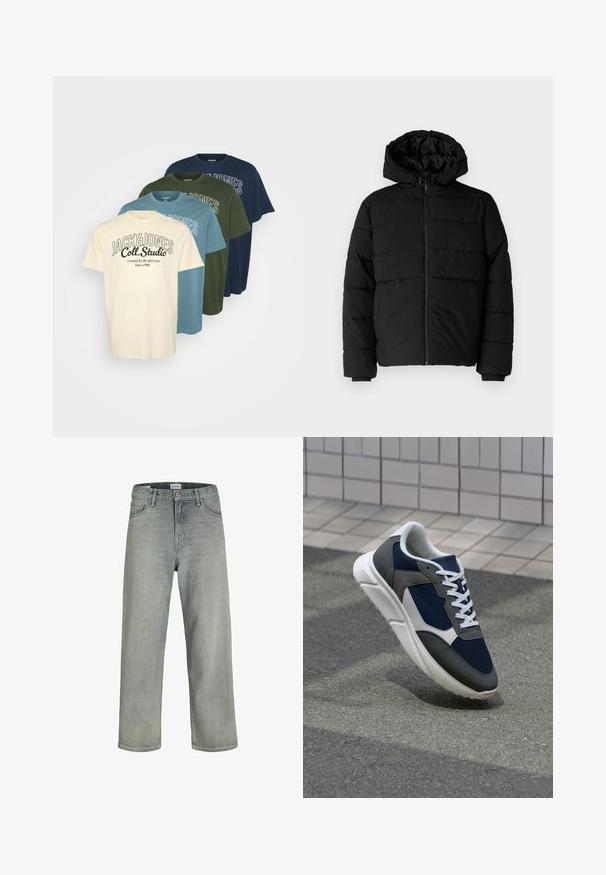 Casaco puffer preto com fecho de correr, capuz e design acolchoado horizontal. Feito de um tecido liso e durável com punhos canelados.; Conjunto de quatro t-shirts de manga curta em bege, azul, verde e azul-marinho, cada uma apresentando uma impressão de logótipo em uma tonalidade contrastante. Material em algodão.; Jeans soltos de cor cinza claro feitos de denim. Apresentam um design clássico de cinco bolsos, passadores para cinto e uma silhueta de perna reta.; Sapatilha com parte superior em malha azul-marinho, detalhes em camurça cinza, sola de borracha branca e atacadores brancos planos, projetada para conforto e respirabilidade.