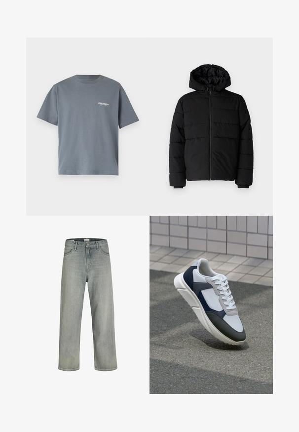 Juodas pūkinis švarkas su užtrauktuku priekyje, gaubtu ir horizontaliai siuvinėtu dizainu. Pagamintas iš lygaus, tvirto audinio su raukiniais ant rankovių.; Pilkas medvilninis marškinėliai trumpomis rankovėmis su mažu baltu "ORIGINALS" logotipu kairėje krūtinės pusėje. Paprasta apvalios iškirptės dizainas.; Šviesiai pilkos, laisvai krentančios džinsinės kelnės. Turi klasikinį penkių kišenių dizainą, diržo kilpas ir tiesius kojų siluetus.; Baltos, tamsiai mėlynos ir pilkos sportbačiai su mišriomis medžiagomis, turintys tekstūruotą viršutinę dalį, plokščius raištelius ir paminkštintą pado dalį.