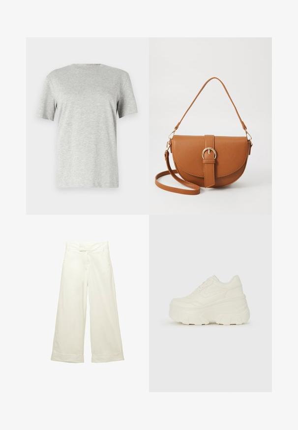 Bordó steppelt bomberdzseki, cipzáras záródással, bordázott mandzsettákkal és oldalsó zsebekkel. Simaságot és diszkrét mintázatot mutat az anyagon.; Szürke, rövid ujjú póló, puha, texturált anyagból készült; klasszikus kerek nyakkivágással és laza szabással rendelkezik, mintázatok vagy logók nélkül.; Széles szárú nadrág puha, krém színű anyagból. Lapostermésű derékpánttal és felgöngyölt szárakkal rendelkezik. Simább textúrájú, letisztult, minimalista dizájnnal.; Fehér platform sportcipők, sima bőrszerű felsőrésszel, kerek formával, párnázott bokával és texturált gumitalppal, jól definiált mintázattal.; Barna bőr keresztbody táska ívelt formával, aranyszínű fémrészekkel és csat díszítéssel. Levehető vállpánttal rendelkezik.