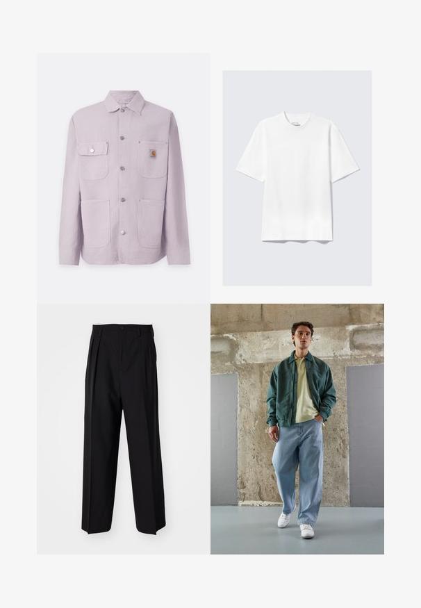Ανοιχτό μωβ εργασιακή ζακέτα από ανθεκτικό ύφασμα, με κολάρο, δύο μπροστινές τσέπες, κουμπιά με σνάπ και λογότυπο στην αριστερή τσέπη.; Λευκό T-shirt κοντό μανίκι σε χαλαρή γραμμή απλωμένο σε ανοιχτό γκρι φόντο.; Μαύροι πιέτες παντελόνια με ίσια, φαρδιά γραμμή. Κατασκευασμένα από λείο ύφασμα, με κλείσιμο με κουμπί και θηλιές για ζώνη.; Πράσινο μπόμπερ μπουφάν πάνω από ένα ανοιχτό κίτρινο πόλο, συνδυασμένο με φαρδιά μπλε τζιν και λευκά αθλητικά παπούτσια. Λείο ύφασμα, άνετη εφαρμογή, ελάχιστα μεταλλικά στοιχεία.
