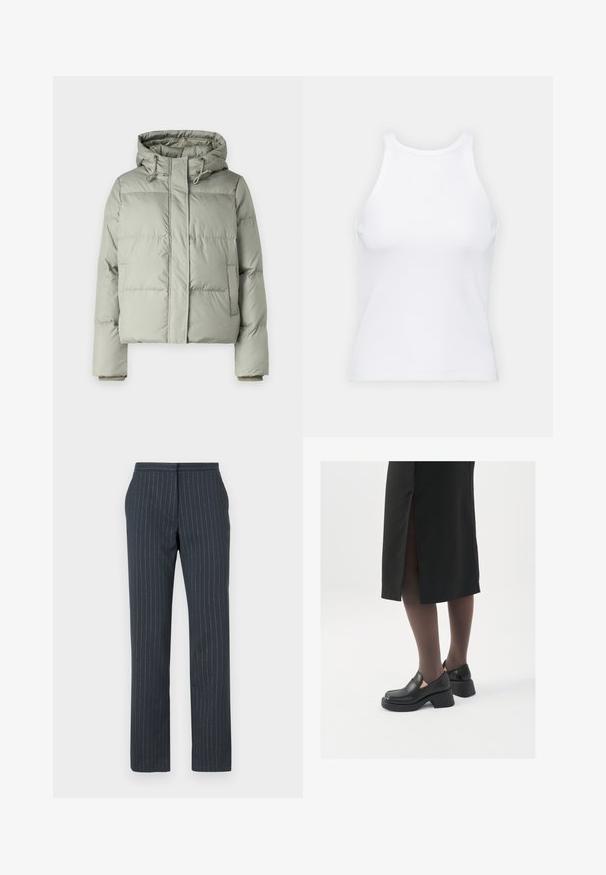 Light green puffer jacket with a hood, featuring a cropped design, stitched panels, and elastic cuffs. Includes drawstring at the neckline.; White sleeveless tank top made of ribbed fabric, featuring a rounded neckline and a fitted silhouette, with minimal seams and no embellishments.; Dark blue trousers with vertical pinstripes, tailored design, smooth texture, straight legs, and a standard waistband.; Black leather shoes with a rounded toe, thick block heel, and elastic side accents, paired with dark tights and a black skirt with a slit.