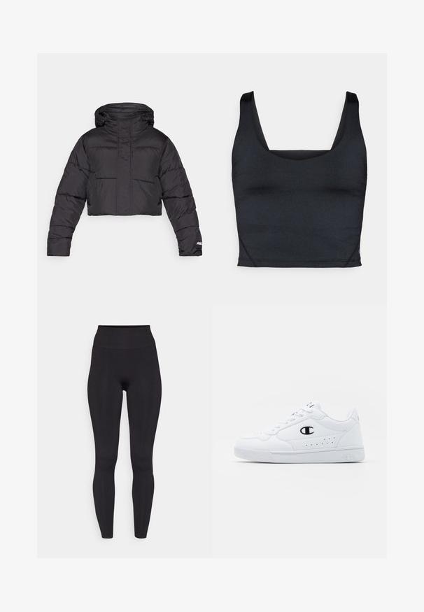 Cropped black puffer jacket with a hood, featuring quilted design, elastic cuffs, and subtle logo detail on the sleeve.; Black cropped tank top featuring a smooth, stretchy fabric, wide shoulder straps, and a square neckline with minimal stitching details.; Fabletics SEAMLESS HIGH WAISTED LEGGING - Leggings - black; White athletic sneakers with a smooth synthetic upper, black logo accent, and perforated detailing on the side. Rubber sole.