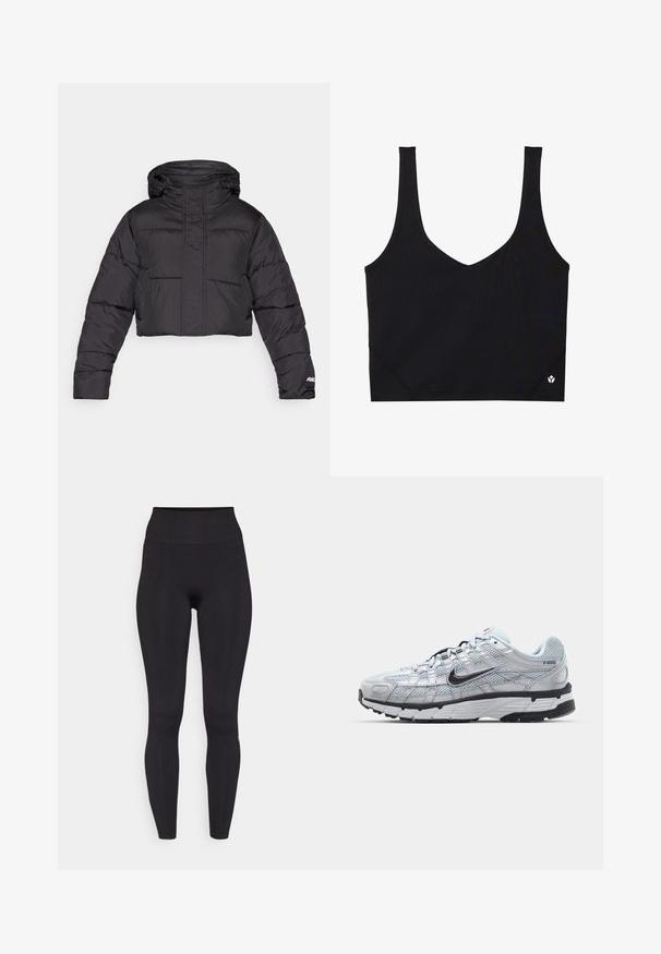 Lühendatud must pufferjakk kapuutsiga, millel on tikanditud disain, elastsed mansetid ja peene logo detail varrukal.; Mustmust mustriba laia, V-kaeluse disainiga, tekstureeritud kanga ja logo detailiga hemil. Sile viimistlus, minimalistlik stiil.; Fabletics SEAMLESS HIGH WAISTED LEGGING - Retuusid - black; Nike P-6000 tenniset heleda halli võrgust pealteega, mustade aktsentidega ja vastupidava musta kummist tallaga. Omab keerukat disaini ja paeltesüsteemi.
