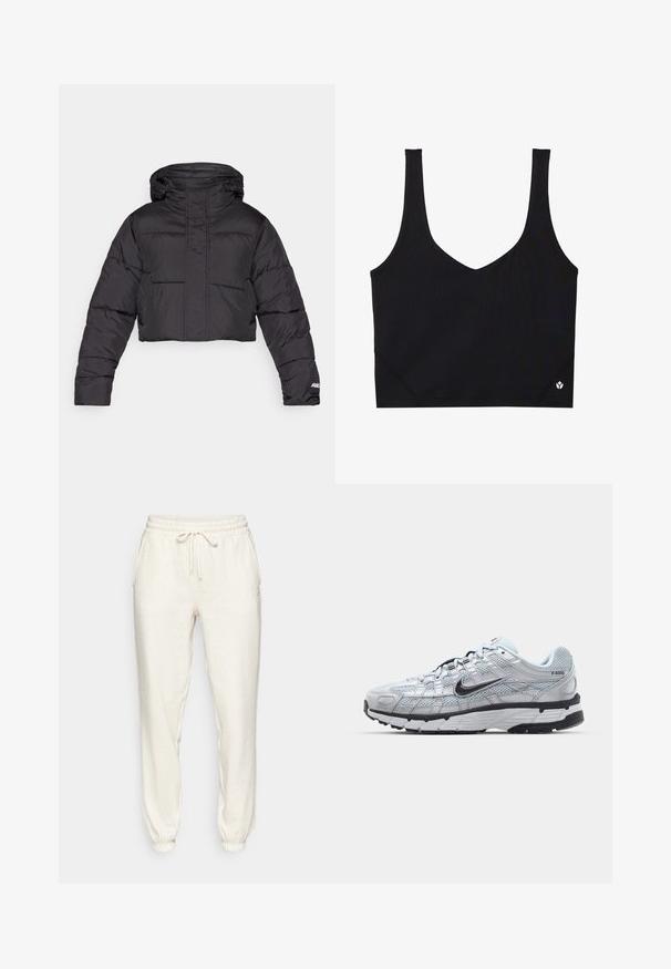 Kratka črna zimska jakna s kapuco, z našitim kvadratnim vzorcem, elastičnimi manšetami in diskretno logotipno podrobnostjo na rokavu.; Črna športna modrček z širokimi naramnicami, zasnovo v obliki črke V, teksturirano tkanino in detajlom logotipa na robu. Gladek videz, minimalističen slog.; Svetlo bež trenirke iz mehkega blaga, z elastičnim pasom in vrvico, stranskimi žepi in zaprtimi gležnji.; Nike P-6000 športni copati z lahkim sivim mrežastim zgornjim delom, črnimi dodatki in trdim črnim gumijastim podplatom. Imajo zapleten dizajn in sistem vezalk.