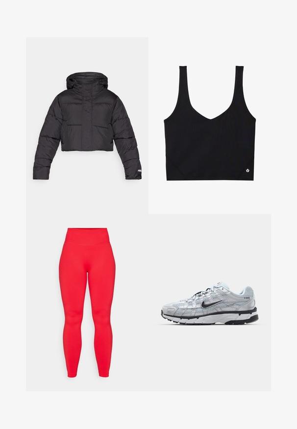 Veste matelassée noire courte avec capuche, arborant un design matelassé, des poignets élastiques et un logo discret sur la manche.; Soutien-gorge de sport noir avec des bretelles larges, un design en V, un tissu texturé et un détail de logo à l'ourlet. Fini lisse, style minimaliste.; Leggings rouges taille haute en tissu extensible, avec une texture lisse et un design ajusté qui s'affine aux chevilles.; Baskets Nike P-6000 avec une tige en mesh gris clair, des accents noirs et une semelle en caoutchouc noir durable. Présente un design complexe et un système de laçage.