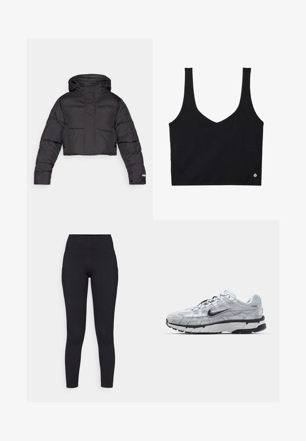 Kratka črna zimska jakna s kapuco, z našitim kvadratnim vzorcem, elastičnimi manšetami in diskretno logotipno podrobnostjo na rokavu.; Črna športna modrček z širokimi naramnicami, zasnovo v obliki črke V, teksturirano tkanino in detajlom logotipa na robu. Gladek videz, minimalističen slog.; Črne legice z visokim pasom, izdelane iz raztegljivega materiala, z gladko teksturo in prilegajočim dizajnom, ki se razteza do gležnjev.; Nike P-6000 športni copati z lahkim sivim mrežastim zgornjim delom, črnimi dodatki in trdim črnim gumijastim podplatom. Imajo zapleten dizajn in sistem vezalk.