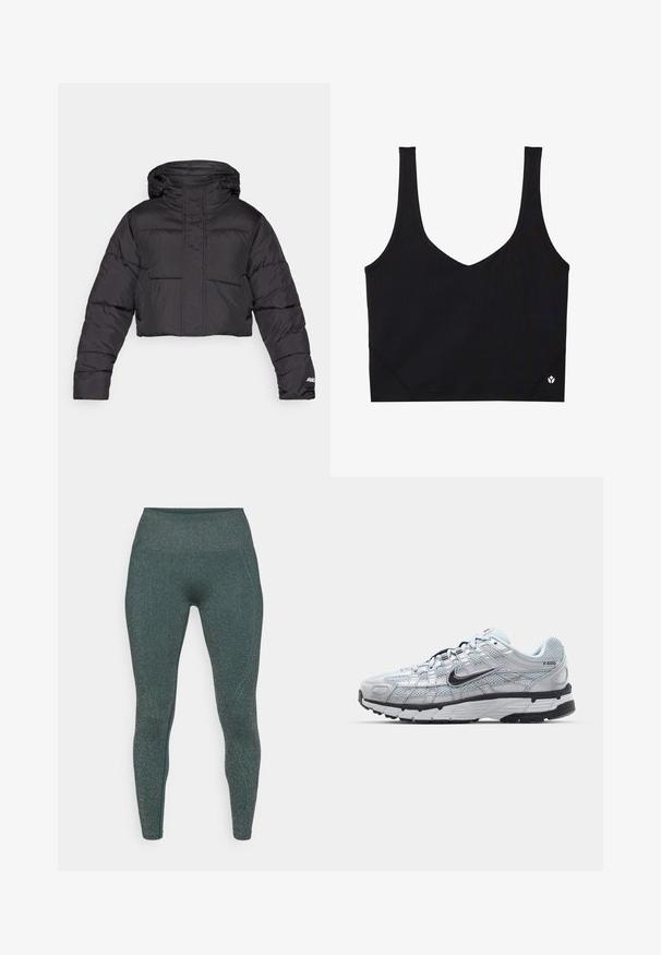 Cropped black puffer jacket with a hood, featuring quilted design, elastic cuffs, and subtle logo detail on the sleeve.; Black sports bra with wide straps, a V-neck design, textured fabric, and logo detail at the hem. Smooth finish, minimalist style.; Dark teal leggings with a metallic shimmer. High-waisted design, smooth texture, and figure-hugging fit. No visible seams or patterns.; Nike P-6000 sneakers with a light grey mesh upper, black accents, and a durable black rubber sole. Features intricate design and lacing system.