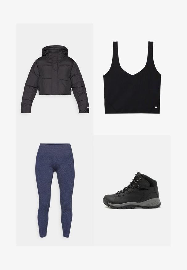Cropped black puffer jacket with a hood, featuring quilted design, elastic cuffs, and subtle logo detail on the sleeve.; Black sports bra with wide straps, a V-neck design, textured fabric, and logo detail at the hem. Smooth finish, minimalist style.; Navy blue leggings with a textured, sparkly finish. Features a high waistband and contour seaming for a fitted silhouette.; Black hiking boot with a mid-top design, featuring a textured upper, gray accents, and durable rubber sole with traction lugs.