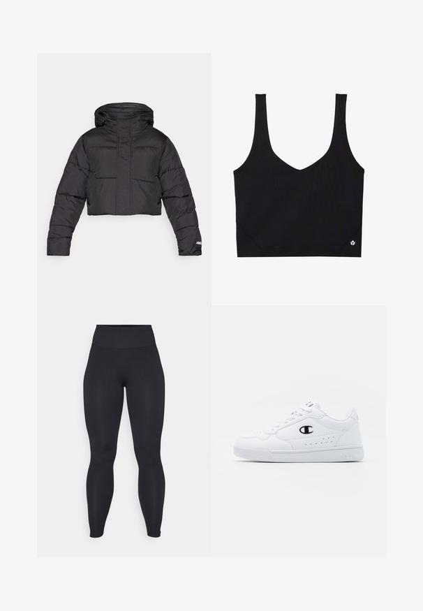 Zkrácená černá péřová bunda s kapucí, s prošívaným designem, elastickými manžetami a decentním logem na rukávu.; Černá sportovní podprsenka s širokými ramínky, designem do V, strukturovanou tkaninou a detailem loga na lemu. Hladký povrch, minimalistický styl.; Černé legíny s vysokým pasem vyrobené z elastického materiálu s hladkou texturou. Design je přiléhavý a bezšvový, bez viditelných log nebo vzorů.; Bílé sportovní tenisky s hladkým syntetickým svrškem, černým logem a perforovanými detaily po stranách. Gumová podrážka.