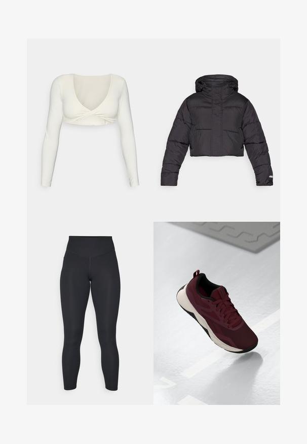 Cropped black puffer jacket with a hood, featuring quilted design, elastic cuffs, and subtle logo detail on the sleeve.; White long-sleeve crop top with a deep V-neckline and twisted front design, made from a smooth, stretchy fabric.; Black leggings with a high waist, smooth texture, and fitted design. Features flat seams and full-length coverage with no patterns.; Maroon athletic shoe with mesh upper, black accents, and a cushioned white sole. Features lace-up closure and pull tab at the heel.