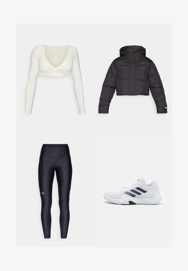 Trumpa juoda pūkinė striukė su kapišonu, pasižyminti siuvinėtu dizainu, elastingomis rankogaliais ir subtiliu logotipo detaliu ant rankovės.; Balta ilgomis rankovėmis trumpa palaidinė su giliu V formos iškirpimu ir suktuoju priekyje, pagaminta iš lygaus, elastingo audinio.; Juodos leggingai, pagaminti iš lygaus, elastingo audinio su aukštu juosmeniu. Kairiajame šlaunyje yra baltas logotipas ir tvirta konstrukcija.; Baltas sportinis batelis su tinklelio viršumi, trimis juodomis juostelėmis šone, tekstūruotais akcentais ir tvirtu guminio pado su kontrastinga juoda dalimi.