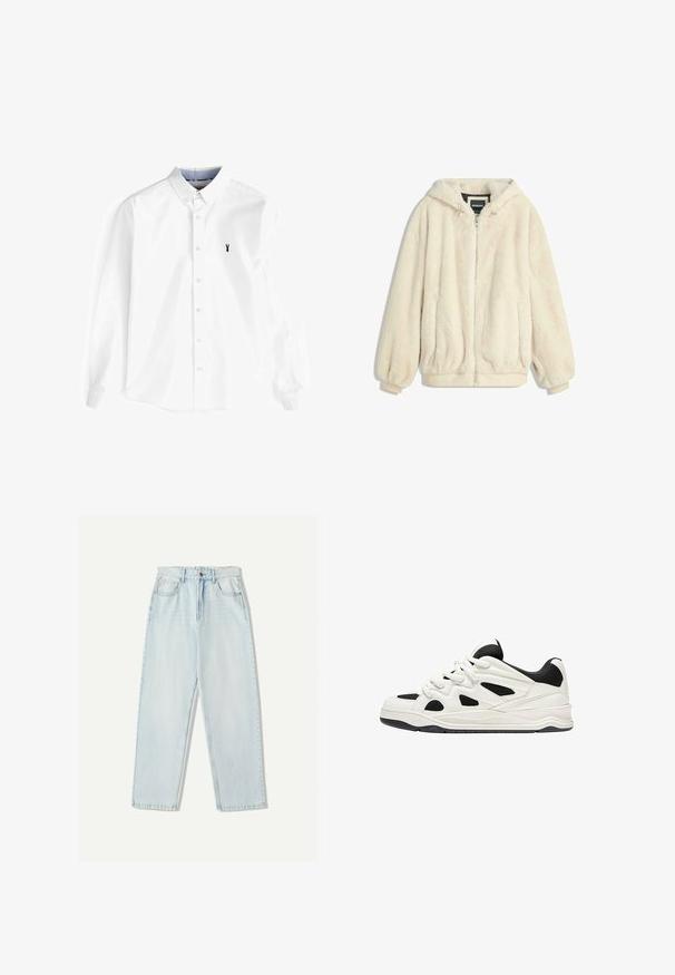 Cremefarvet faux fur jakke med hætte, lynlås lukning, elastiske manchetter og kant. Blød tekstur med en luksuriøs finish, velegnet til afslappet brug.; Hvid langærmet skjorte lavet af bomuld, med en knap-ned krave, frontplade med knapper og et lille marineblåt hummerlogo på brystet.; Lys blå denim jeans med en afslappet pasform, lige ben design, fem-lomme stil og subtil falmning på stoffet.; Hvide og sorte atletik sko med en tekstureret sål, der har udskårede designs på siderne og snørebånd, samt en polstret hæl for støtte.