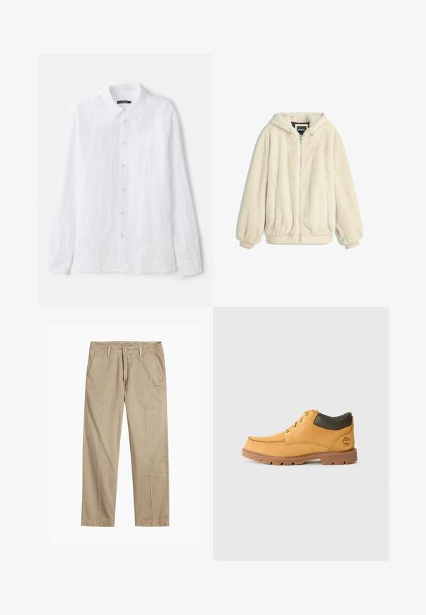 Cremfarbener Kunstfelljacke mit Kapuze, Reißverschluss, elastischen Bündchen und Saum. Weiche Textur mit plüschigem Finish, geeignet für lässige Outfits.; Weißes Langarm-Hemd aus strukturiertem Stoff. Verfügt über einen klassischen Kragen und eine durchgehende Knopfleiste mit kleinen, runden Knöpfen.; Beige gerade geschnittene Chinos mit Gürtelschlaufen, vorderem Knopf- und Reißverschlussverschluss sowie schrägen Fronttaschen.; Gelbes Leder-Schuhwerk mit brauner Gummisohle, runder Zehenpartie und grünem Lederdetail am Knöchel. Verfügt über goldene Ösen und Nähakzente.