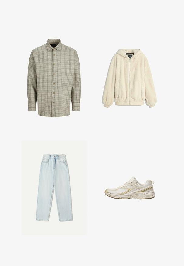 Kremno obarvan umetni krzneni jopič z kapuco, zadrgo, elastičnimi manšetami in robom. Mehka tekstura z luksuznim zaključkom, primerna za vsakodnevno nošenje.; Srajca s gumbki, izdelana iz lahkega blaga, z bež in temnoblue matricami, z razprostranjenim ovratnikom in lesenimi gumbi.; Svjetloplave traperice s ležernim krojem, ravnim nogavicama, dizajnom s pet džepova i suptilnim izblijedjenjem na tkanini.; Bele športne čevlje iz mrežastega in sintetičnega materiala, z zaobljenim prstom, oblazinjeno podplatom in bež poudarki na straneh.