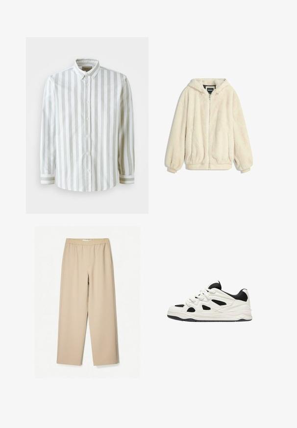 Kremno obarvan umetni krzneni jopič z kapuco, zadrgo, elastičnimi manšetami in robom. Mehka tekstura z luksuznim zaključkom, primerna za vsakodnevno nošenje.; Prugasta srajca s kratkimi rokavi v beli in svetlo sivi barvi, narejena iz tkanine. Ima ovratnik in gumbe na manšetah z kontrastnim prugastim poudarkom.; Beige široke hlače z elastičnim pasom, izdelane iz mehkega blaga, z gladko teksturo in minimalnimi šivi.; Bele in črne športne čevlje z teksturiranim podplatom, ki vsebujejo izrezljane vzorce na straneh in vezalkah ter oblazinjeno zadnjo stran za podporo.