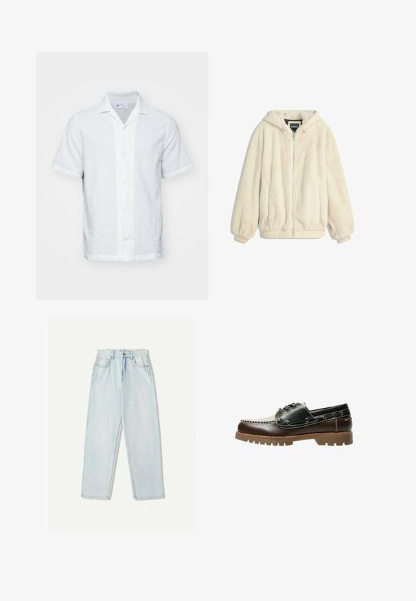 Crème-kleurige nepbontjas met een capuchon, ritsluiting, elastische manchetten en zoom. Zachte textuur met een pluche afwerking, geschikt voor casual gebruik.; Korte mouw linnen shirt in licht wit met een kraag, knoopsluiting aan de voorkant en subtiele textuur. Heeft een rechte zoom en opgerolde mouwen.; Lichtblauwe denim jeans met een relaxte pasvorm, recht model, vijf zakken en subtiele vervaging in de stof.; Bruine en groene leren bootschoen met een witte gestikte design, ronde veters en een gestructureerde rubberen zool. Duurzame constructie met metalen veteroogjes.