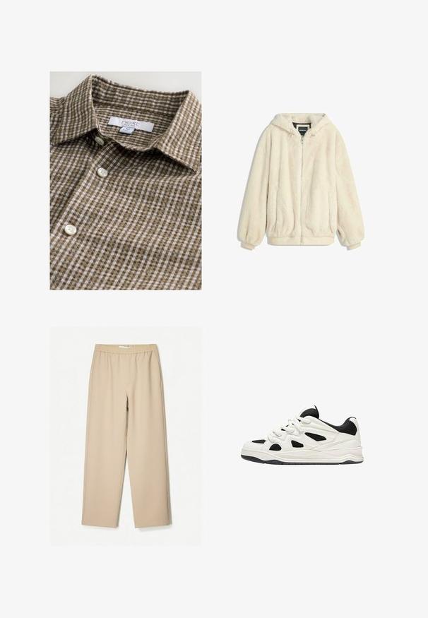 Krémový kabát z umělé kožešiny s kapucí, zipovým zapínáním, elastickými manžetami a spodním lemem. Měkká textura s hustým povrchem, vhodný pro každodenní nošení.; Hnědá kostkovaná košile na knoflíky vyrobená z látky s měkkou texturou. Má klasický límec a bílé knoflíky. Viditelná visačka.; Beige kalhoty širokého střihu s elastickým pasem, vyrobené z měkké tkaniny, s hladkým povrchem a minimálním počtem švů.; Bílé a černé sportovní boty s texturovanou podrážkou, s výřezovými vzory na bocích a tkaničkami, a měkkým zadním dílem pro podporu.