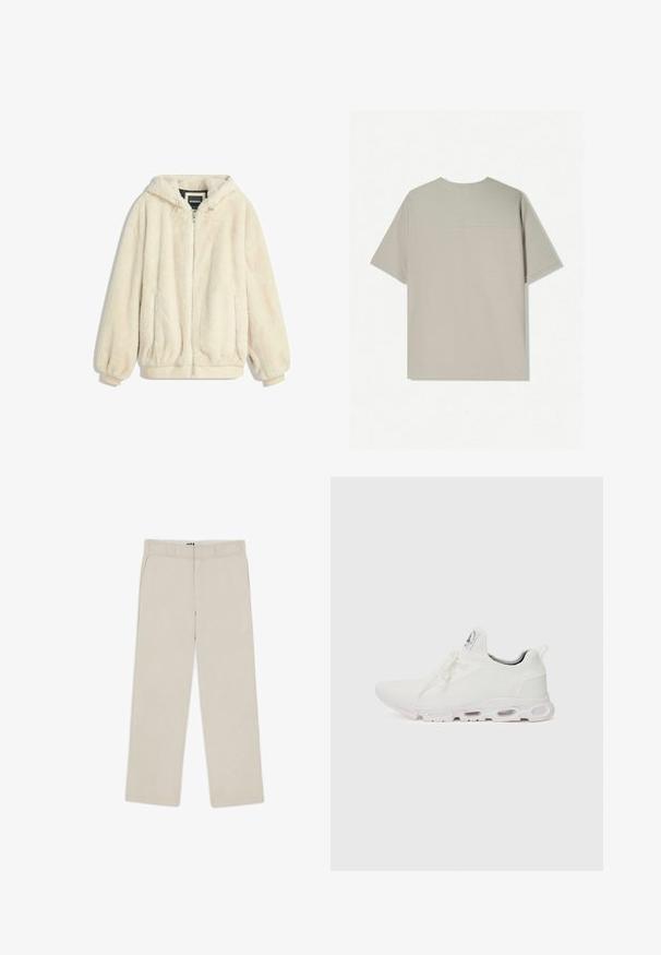 Krémový kabát z umělé kožešiny s kapucí, zipovým zapínáním, elastickými manžetami a spodním lemem. Měkká textura s hustým povrchem, vhodný pro každodenní nošení.; Béžové bavlněné tričko s krátkým rukávem. Má jednoduchý design a kulatý výstřih. Hladká textura s minimálním šitím na zadní straně.; Béžové volné kalhoty s hladkou strukturou, vybavené poutky na pásek, dvěma předními kapsami a zapínáním na zip. Minimalistický design.; Bílé sportovní boty s texturovaným pleteným svrškem, plochými tkaničkami a polstrovanou podešví s viditelnými vzduchovými komorami pro zvýšenou podporu.
