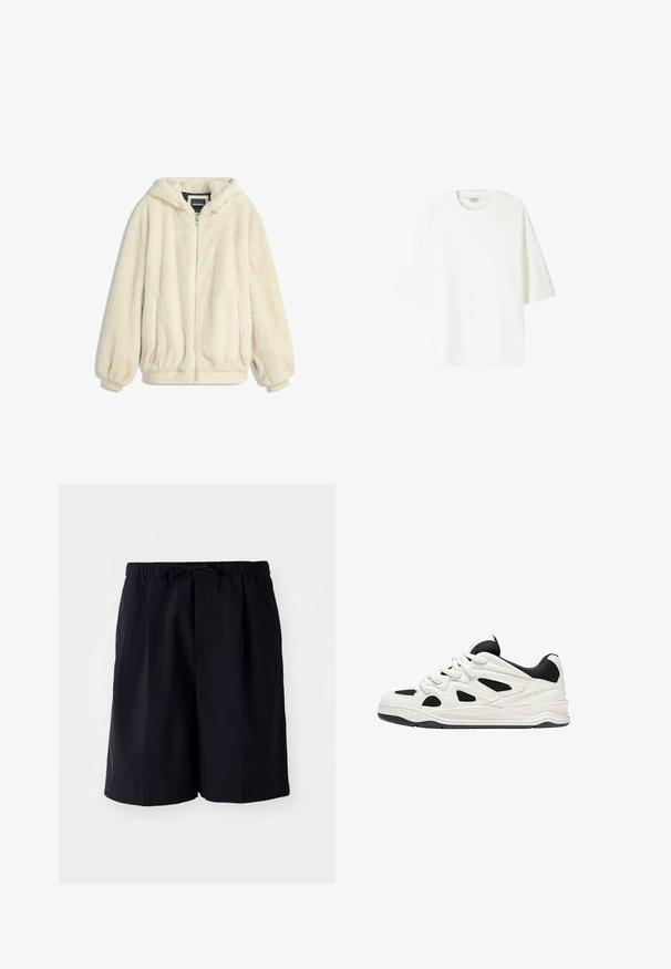 Cremfarbener Kunstfelljacke mit Kapuze, Reißverschluss, elastischen Bündchen und Saum. Weiche Textur mit plüschigem Finish, geeignet für lässige Outfits.; Weißes T-Shirt mit kurzen Ärmeln aus Baumwolle, mit Rundhalsausschnitt und lockerem Schnitt sowie geradem Saum.; Marineblaue Shorts aus leichtem Material, mit einem elastischen Bund und Kordelzug sowie zwei Seitentaschen, gerader Schnitt.; Weiß-schwarze Sportschuhe mit einer strukturierten Sohle, die auf der Seite ausgeschnittene Designs und Schnürsenkel aufweisen, sowie eine gepolsterte Ferse für Unterstützung.