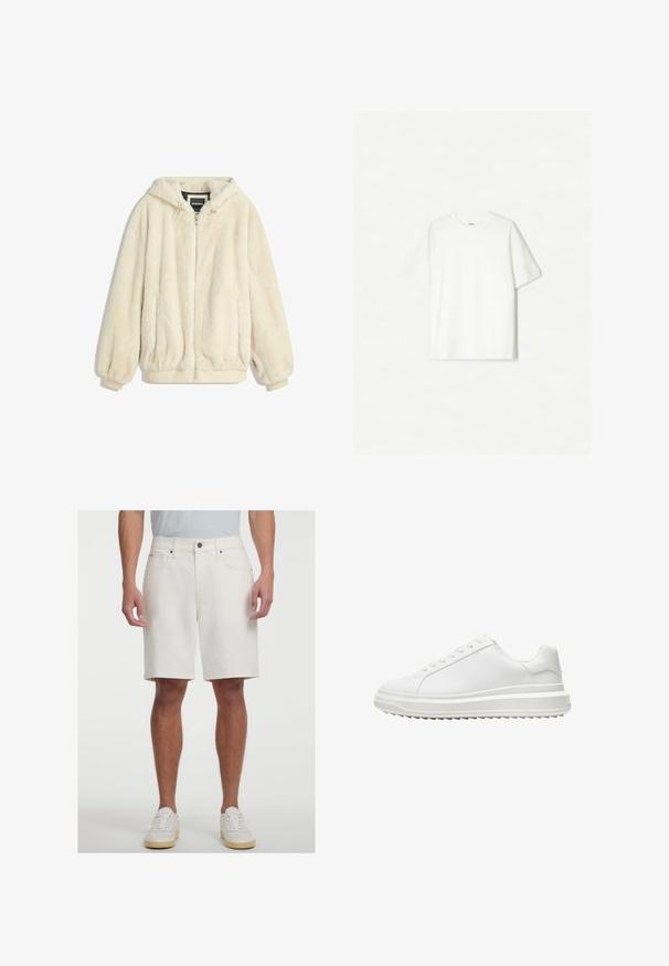 Giacca in pelliccia sintetica color crema con cappuccio, chiusura con zip, polsini ed orlo elastici. Tessuto morbido con una finitura morbida, adatta per un abbigliamento casual.; T-shirt bianco a maniche corte, realizzato in cotone morbido. Design a girocollo con una vestibilità comoda e senza loghi o motivi visibili.; Shorts di denim bianco con una vestibilità dritta, design a cinque tasche e chiusura frontale con bottone. Tessuto liscio e taglio al ginocchio.; Sneaker bianco con una tomaia sintetica liscia, punta rotonda, lacci piatti, suola testurizzata e un design a piattaforma stratificata per un'altezza extra.