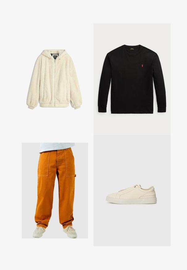 Kremno obarvan umetni krzneni jopič z kapuco, zadrgo, elastičnimi manšetami in robom. Mehka tekstura z luksuznim zaključkom, primerna za vsakodnevno nošenje.; Črna majica z dolgimi rokavi iz bombaža. Ima krožni ovratnik, rebraste manšete in majhen rdeč vezen logotip na prsih. Gladka tekstura.; Oranžne cargo hlače z ohlapenim fitom, ki vključujejo več žepov in kontrastne šive. Nosi se z belimi supergami.; Bež usnjeni športni copat s zaobljenim nosom, minimalistična zasnova, subtilne šivane podrobnosti in teksturirana zgornja stran, na svetlem podplatu.