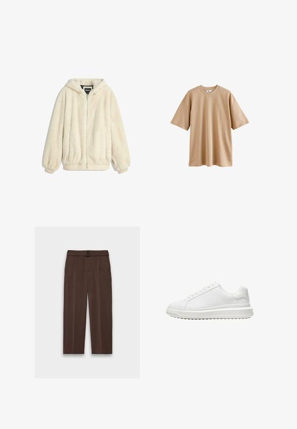 Cremfarbener Kunstfelljacke mit Kapuze, Reißverschluss, elastischen Bündchen und Saum. Weiche Textur mit plüschigem Finish, geeignet für lässige Outfits.; Beige T-Shirt aus Baumwolle mit kurzen Ärmeln, rundem Ausschnitt und lässiger Passform. Der Stoff hat eine glatte Textur und keine Muster oder Akzente.; Braune Hosen mit einem Gürtel, hoher Taille, gefaltetem Vorderteil und seitlichen Taschen; aus glattem, strukturiertem Stoff gefertigt.; Weißer Sneaker mit einem glatten synthetischen Obermaterial, runder Spitze, flachen Schnürsenkeln, strukturiertem Sohlen und einem geschichteten, Plattform-Design für zusätzlichen Halt.