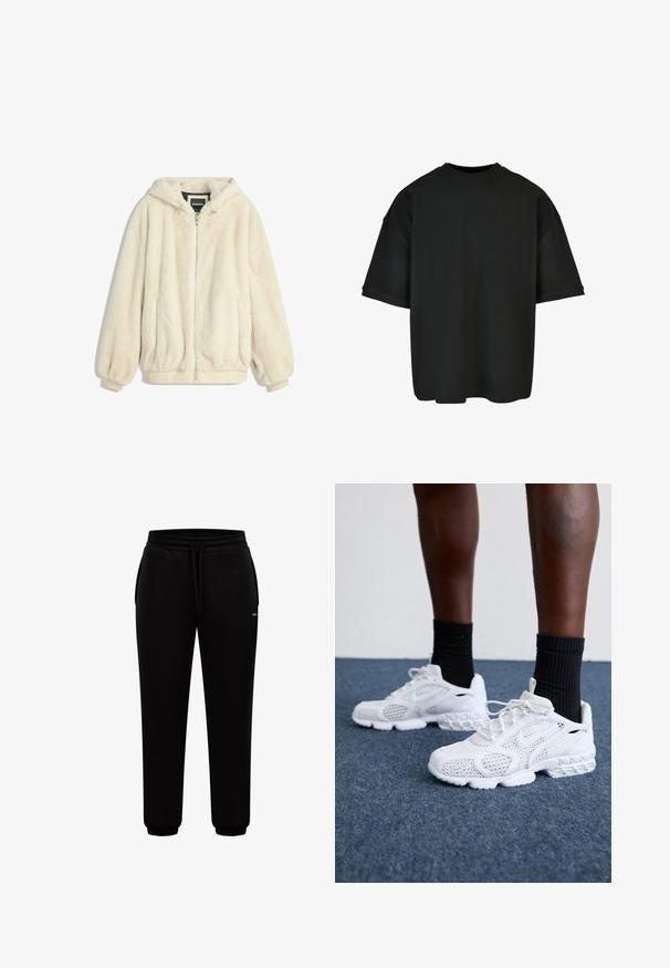 Cremefarvet faux fur jakke med hætte, lynlås lukning, elastiske manchetter og kant. Blød tekstur med en luksuriøs finish, velegnet til afslappet brug.; Sort oversized T-shirt lavet af ribbet stof. Rund hals, korte ærmer og en afslappet pasform med en lige kant. Enkel og alsidig design.; Sorte joggerbukser med elastisk talje, snøre, sidelommer og elastiske manchetter mod en hvid baggrund.; Hvide atletik-sko med mesh-overdel, teksturerede accenter og polstret sål. Parret med sorte ribbede ankelstrømper på en blå tæppebelagt overflade.