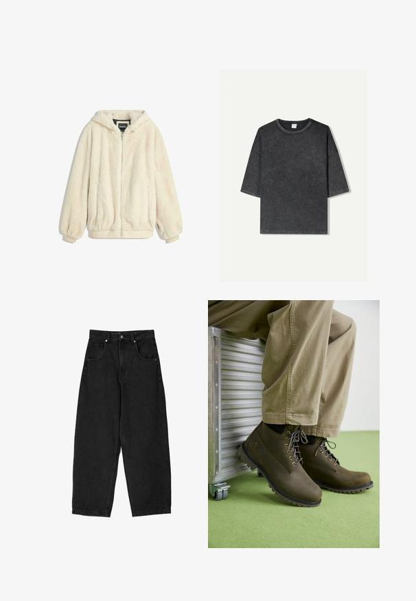 Jakna od umjetnog krzna boje kreme s kapuljačom, zatvaranjem na patentni zatvarač, elastičnim rukavima i donjim rubom. Mekana tekstura s plišanim završetkom, prikladna za ležernu odjeću.; Prevelika majica kratkih rukava u tamnosivoj boji, napravljena od pamuka. Ima okrugli ovratnik i vidljivo šivanje duž rubova.; Crne traperice širokih nogavica s visokim strukom, sadrže pet džepova, zatvarač i metalnu dugmad. Glatka tekstura, minimalno detaljisanje.; Smeđe kožne gležnjače s okruglim prstima, sivim vezicama, ojačanim rupama za vezivanje i teksturiranim gumenim potplatima, uparene sa svijetlo bež hlačama.