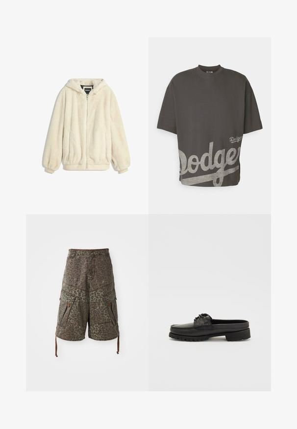 Cream-colored faux fur jacket with a hood, zip closure, elastic cuffs, and hem. Soft texture with a plush finish, suitable for casual wear.; New Era MLB LOS ANGELES DODGERS OVERSIZED T-SHIRT - Sports T-shirt - black; Camo cargo shorts in green and brown with leopard print, featuring multiple pockets, adjustable drawstrings, and reinforced stitching details.; Black leather slip-on shoe with lace detail, rounded toe, and textured sole. Features a slightly elevated heel and smooth finish.