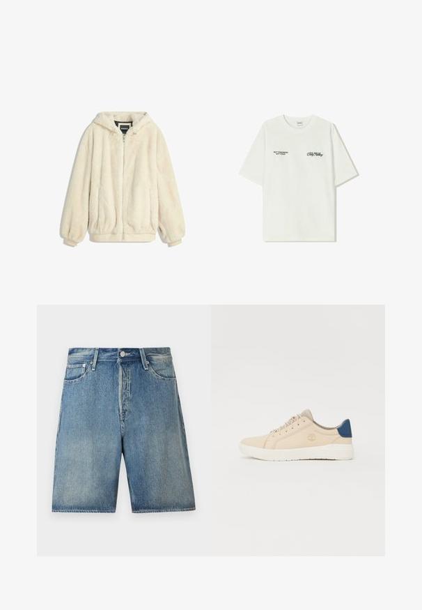 Crème-kleurige nepbontjas met een capuchon, ritsluiting, elastische manchetten en zoom. Zachte textuur met een pluche afwerking, geschikt voor casual gebruik.; Witte katoenen T-shirt met korte mouwen. Aan de voorkant staat in zwarte tekst: "NIET MORGEN NIET VANDAAG" en "DE KUNST VAN VUIL VERPLAATSEN" in groene cursieve letters.; Lichtblauwe denim shorts met een klassiek vijf-pocket design, knoopsluiting, rechte snit en een licht vervaagde afwerking.; Beige sneakers van suede, voorzien van een witte zool, beige veters en een blauwe accent op de hak. Logo ingebosseld aan de zijkant.