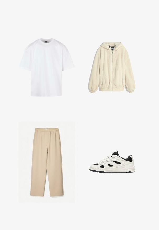 Jachetă din blană artificială de culoare crem, cu glugă, închidere cu fermoar, manșete elastice și tiv. Textură moale cu un finisaj pufos, potrivită pentru ținute casual.; Tricou alb din bumbac, cu guler rotund, mâneci scurte și croială lejeră. Are un design simplu și o textură netedă.; Pantaloni bej cu croi larg, cu un brêu elastic, confecționați dintr-un material moale, având o textură netedă și detalii de cusătură minime.; Adidași albi și negri cu o talpă texturată, având desene decupate pe laterale și șireturi, și un călcâi căptușit pentru susținere.