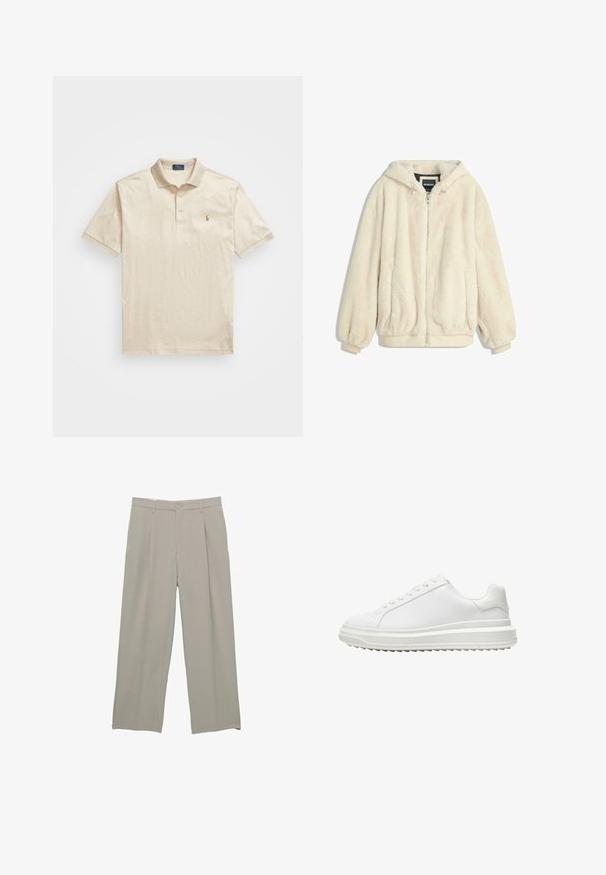 Kremowa kurtka z sztucznego futra z kapturem, zapinana na zamek, z elastycznymi mankietami i dołem. Miękka tekstura o pluszowym wykończeniu, idealna na codzienne noszenie.; Beżowa koszulka polo wykonana z fakturowanej bawełny, z zapięciem na trzy guziki i krótkimi rękawami. Posiada małe logo na lewej piersi.; Jasnoszare spodnie o szerokich nogawkach, o gładkiej fakturze, z frontowymi zakładkami, zapięciem na guzik i kieszeniami bocznymi.; Białe sneakersy z gładką syntetyczną cholewką, okrągłym noskiem, płaskimi sznurowadłami, teksturowana podeszwa oraz warstwowym, platformowym designem dla dodatkowej wysokości.
