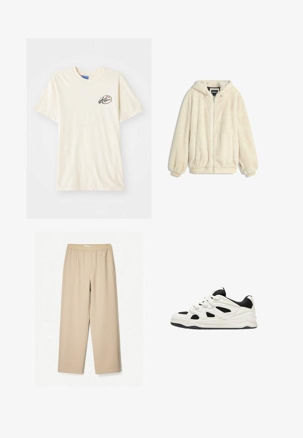 Krémový kabát z umělé kožešiny s kapucí, zipovým zapínáním, elastickými manžetami a spodním lemem. Měkká textura s hustým povrchem, vhodný pro každodenní nošení.; Krémové bavlněné tričko s kulatým výstřihem a krátkými rukávy. Na levé části hrudi je malé logo v černé barvě a barevné tečky.; Beige kalhoty širokého střihu s elastickým pasem, vyrobené z měkké tkaniny, s hladkým povrchem a minimálním počtem švů.; Bílé a černé sportovní boty s texturovanou podrážkou, s výřezovými vzory na bocích a tkaničkami, a měkkým zadním dílem pro podporu.