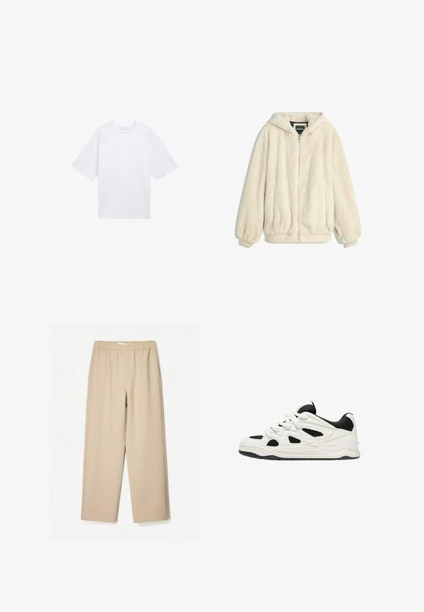 Cremfarbener Kunstfelljacke mit Kapuze, Reißverschluss, elastischen Bündchen und Saum. Weiche Textur mit plüschigem Finish, geeignet für lässige Outfits.; Weißes kurzärmliges T-Shirt aus Baumwolle. Lockere Passform mit Rundhalsausschnitt. Glatte Textur ohne sichtbare Muster oder Akzente.; Beige Weite-Hose mit einem elastischen Bund, aus weichem Stoff gefertigt, mit glatter Textur und minimalen Nähten.; Weiß-schwarze Sportschuhe mit einer strukturierten Sohle, die auf der Seite ausgeschnittene Designs und Schnürsenkel aufweisen, sowie eine gepolsterte Ferse für Unterstützung.