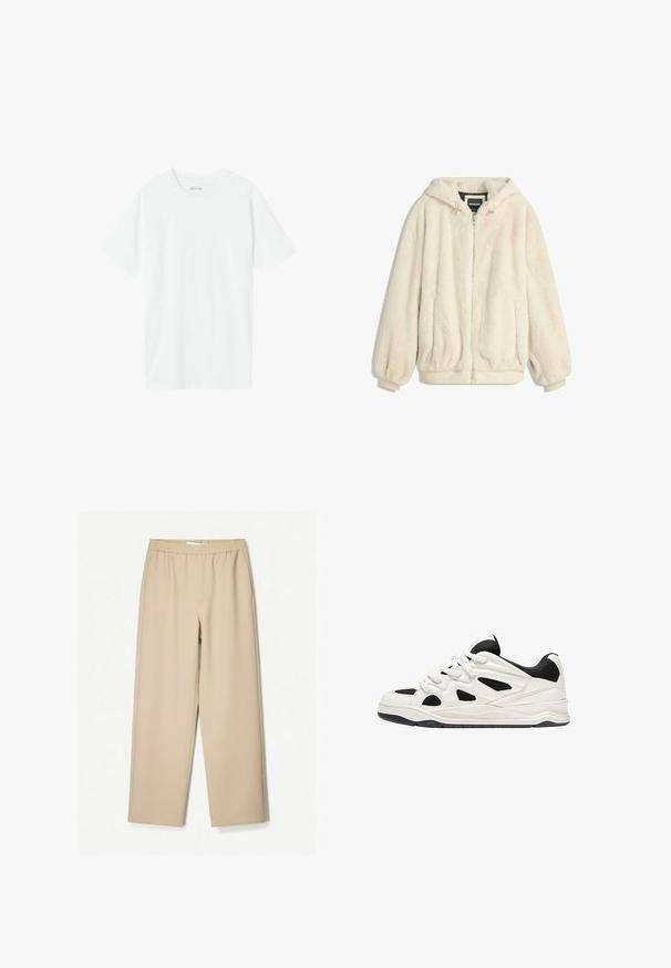 Cremefarvet faux fur jakke med hætte, lynlås lukning, elastiske manchetter og kant. Blød tekstur med en luksuriøs finish, velegnet til afslappet brug.; Hvid bomulds t-shirt med rund hals og korte ærmer, med en glat tekstur og en afslappet pasform. Ingen mønstre eller detaljer synlige.; Beige vidde-bukser med elastisk talje, lavet af blødt stof og med en glat overflade og minimale syninger.; Hvide og sorte atletik sko med en tekstureret sål, der har udskårede designs på siderne og snørebånd, samt en polstret hæl for støtte.