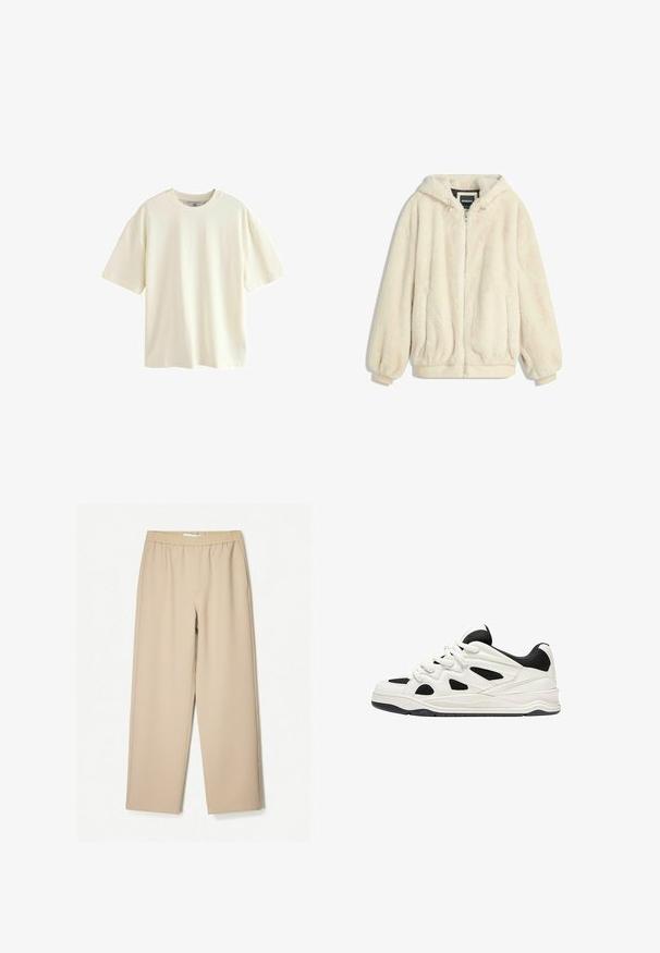 Kremvärinen tekoturkki takki hupulla, vetoketjukiinnitys, joustavat hihansuut ja helma. Pehmeä rakenne, jossa on ylellinen pinta, sopii rentoon käyttöön.; Lyhythihainen t-paita luonnonvalkoisesta puuvillasta, jossa on pyöreä pääntie ja rento istuvuus, sileä pinta ja ilman näkyviä kuvioita tai yksityiskohtia.; Harmaat leveät housut, joissa on joustava vyötärö, valmistettu pehmeästä kankaasta, ja joissa on sileä pinta sekä vähäiset ompeluyksityiskohdat.; Valkoiset ja mustat urheilukengät, joissa on teksturoitu pohja, sivuilla leikkauksia ja nauhoja, sekä pehmustettu takapohja tuen tarjoamiseksi.