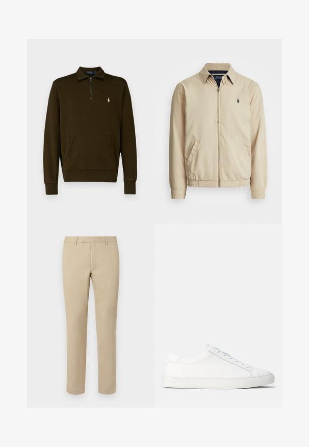 Gai smilškrāsas zip-up jaka ar apkakli, sānu kabatām, elastīgu vidukli un mazu tumši zilu logotipu uz krūtīm. Gluda tekstūra.; Polo Ralph Lauren LOOPBACK FLEECE QUARTER-ZIP SWEATSHIRT - Ikdienas džemperis - dark loden; Beige kokvilnas bikses ar taisnu griezumu, ar jostu cilpām, plakanu priekšpusi un pielāgotām apakšmalām. Gluda tekstūra un minimāls dizains.; Biezi baltas ādas tenisi, ar gludu tekstūru, noapaļotu formu, plakanu gumijas zoli un baltām šņorēm. Iezīmē minimālistisku dizainu un diskrētu zīmolu.