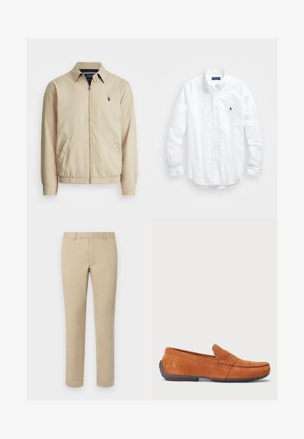 Helle beige Zip-Jacke mit Kragen, seitlichen Taschen, elastischem Bund und kleinem marineblauen Logo auf der Brust. Glatte Textur.; Weißes Langarm-Hemd aus Baumwolle mit Knopfleiste. Es zeichnet sich durch einen klassischen Kragen, Knopfmanschetten und ein kleines, navyblaues gesticktes Logo auf der Brust aus.; Beige Baumwollhosen mit geradem Schnitt, ausgestattet mit Gürtelschlaufen, einer flachen Vorderseite und maßgeschneiderten Säumen. Glatte Textur und minimale Details.; Braune Wildleder-Läufer mit einem Mokassin-Design, featuring einer genähten Vorderkappe, im Slip-On-Stil und einer Gummisohle für Haftung.